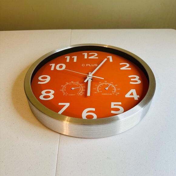Orange Wall Clock With Temperature & Humidity Non Ticking Silent Battery Operate - Picture 8 of 11